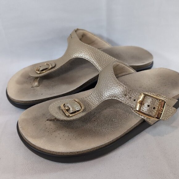 SAS Sanibel Flip Flop Thong Sandals Gold Women's 8.5 Nubuck Leather T-Strap Open - Picture 2 of 13